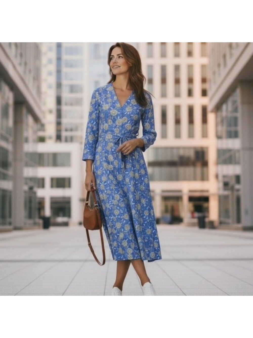 Appleseed's Dress Womens 14P Blue Floral Wrap V Neck Midi 3/4 Sleeve Cottagecore